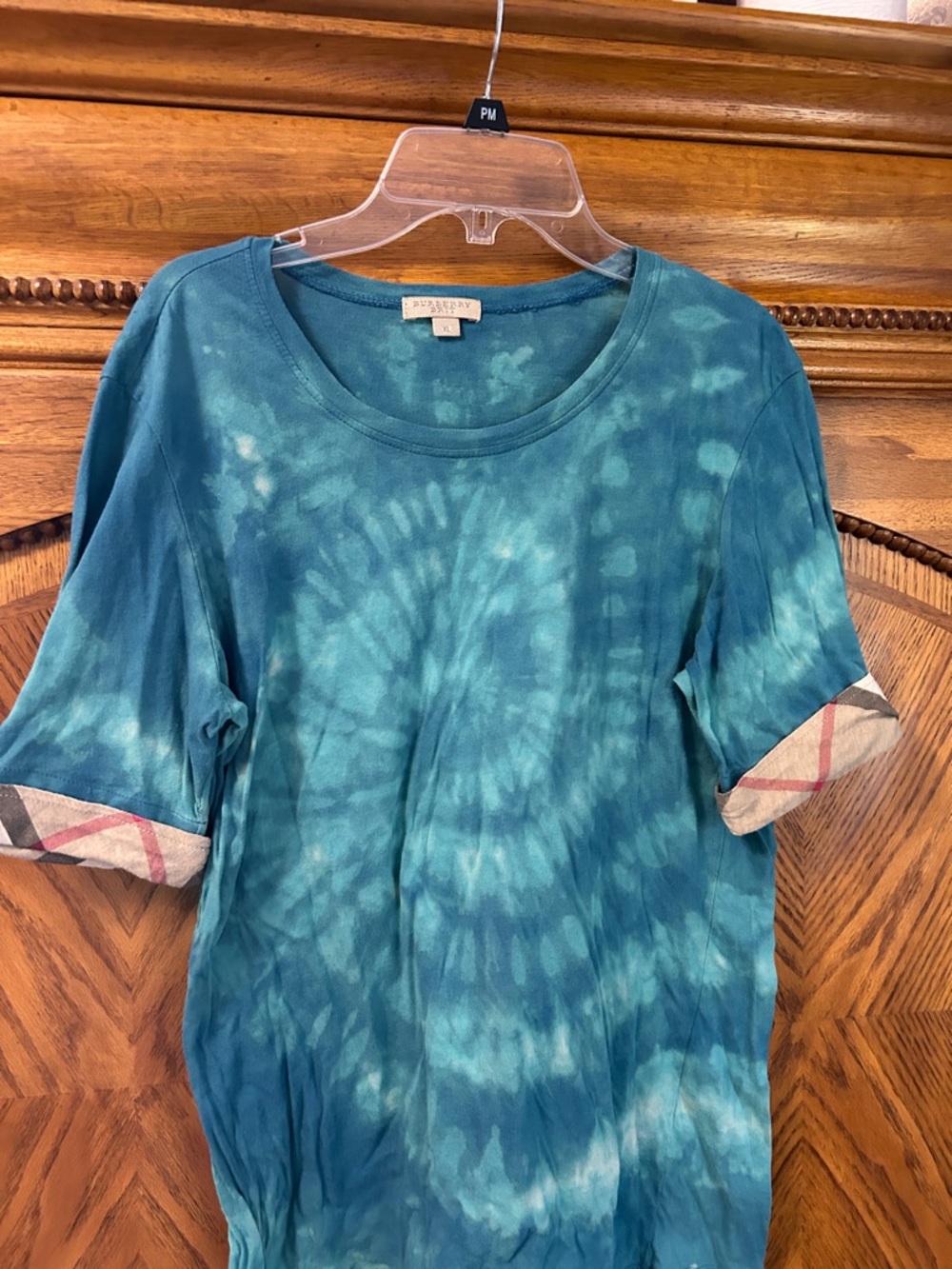 Burberry Teal Tie-Dye Short Sleeve Tee with Check Cuff XL